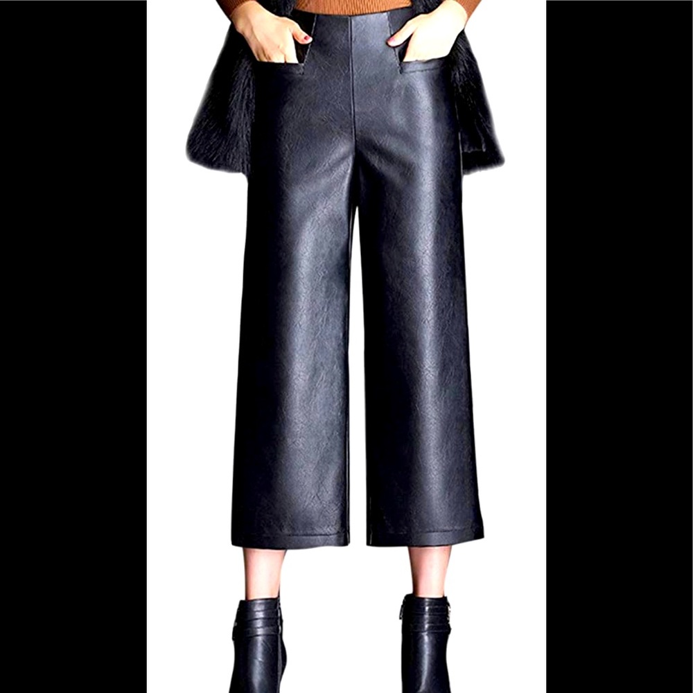 High Waisted Cropped Faux Leather Pants Trousers